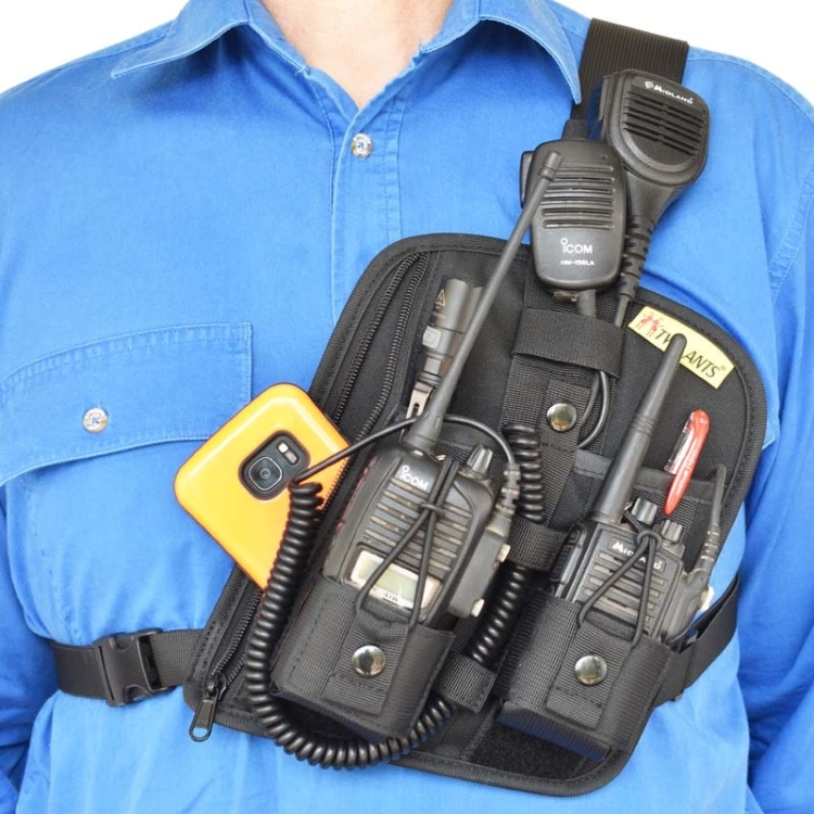 Two Ants Atta Double Left Black - Adjustable Two Way Radio Phone Chest Holster with Zipper Pocket