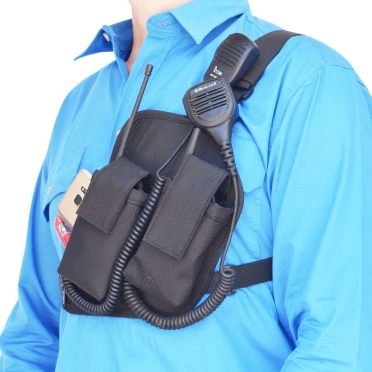 Two Ants Trap Jaw V3.0 Double Left Black - Enclosed Two Way Radio Phone Chest Holster with Zipper Pocket